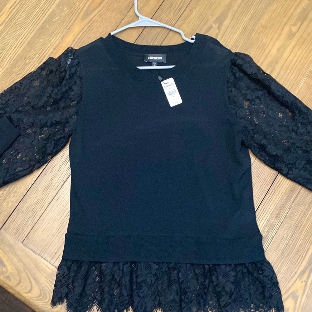 EXPRESS Black top with lace sleeves NWT